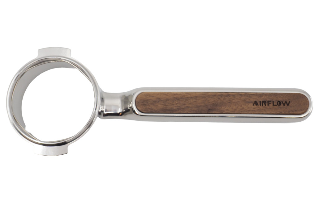 Top view of the Airflow E61 uni-body flat mirror portafilter in 304 stainless steel and walnut