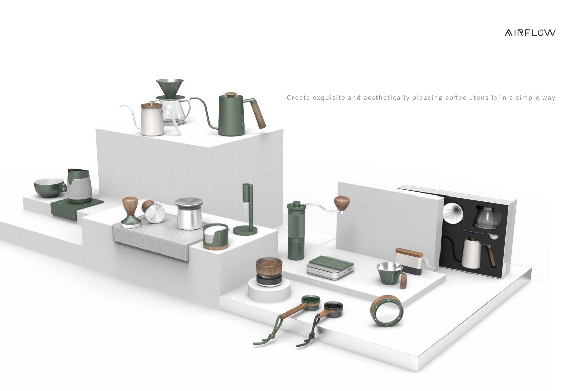 The Airflow coffee tool collection arranged on a tiered display in deep green, walnut and brushed steel.
