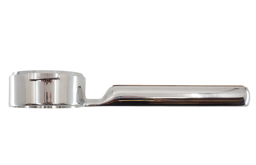 Side profile of the Airflow flat mirror portafilter showing its completely flat underside