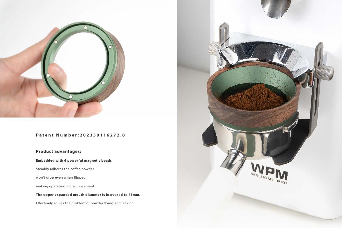 Hand holding an Airflow magnetic dosing ring in deep green with walnut surround.